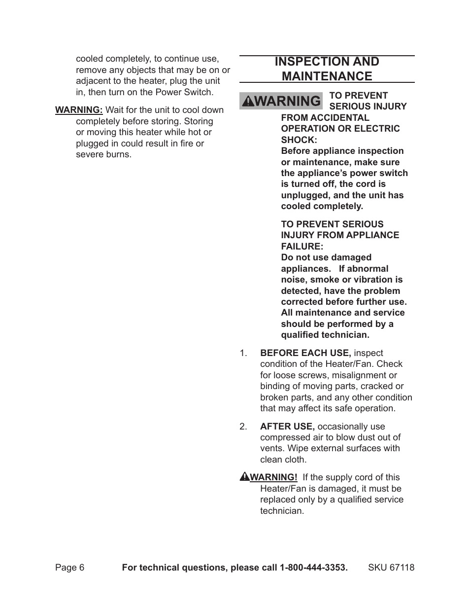 Inspection and maintenance | Harbor Freight Tools 67118 User Manual | Page 6 / 8