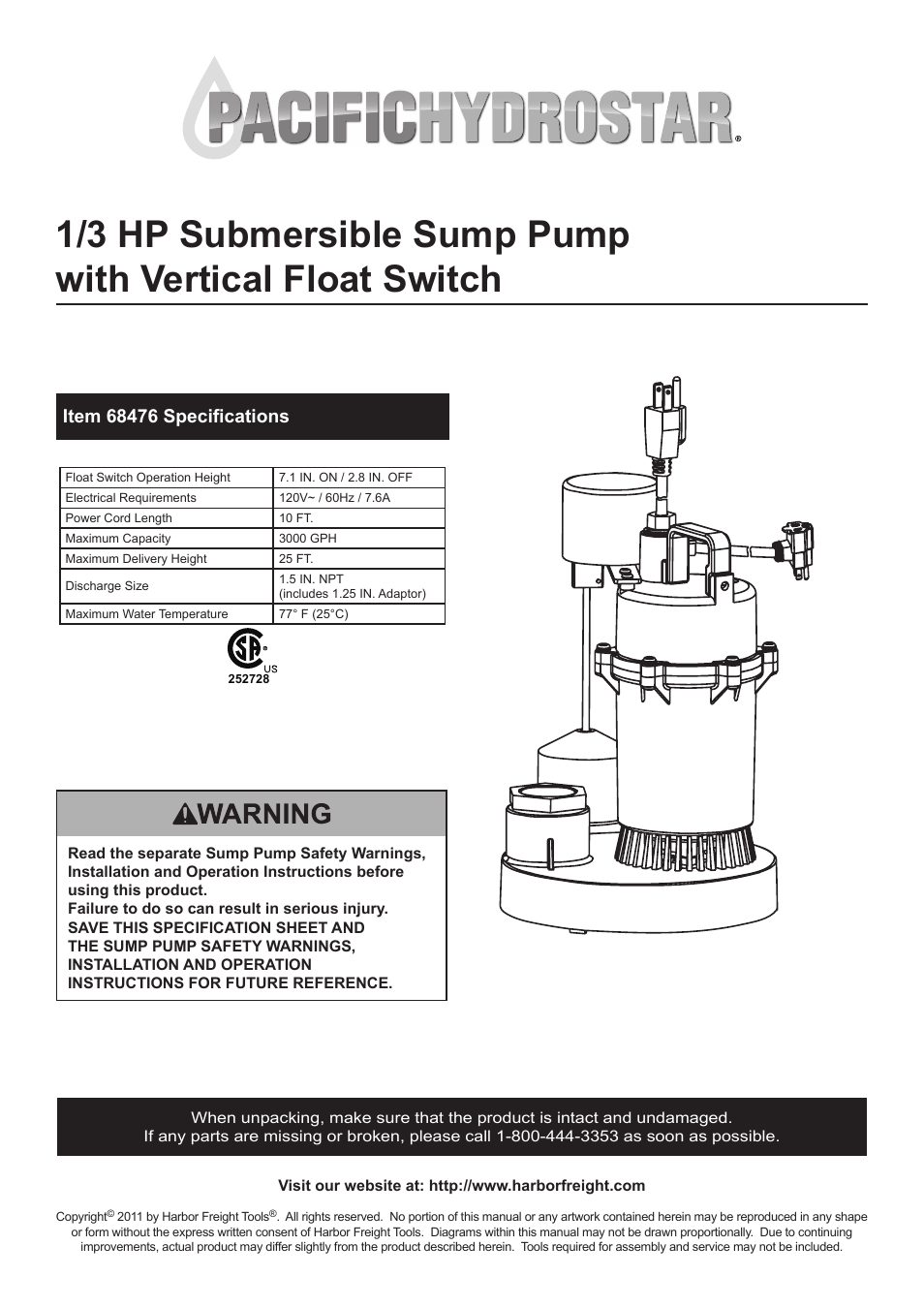 Harbor Freight Tools PACIFIC HYDROSTAR 1/3 HP Submersible Sump Pump with Vertical Float Switch 68476 User Manual | 9 pages