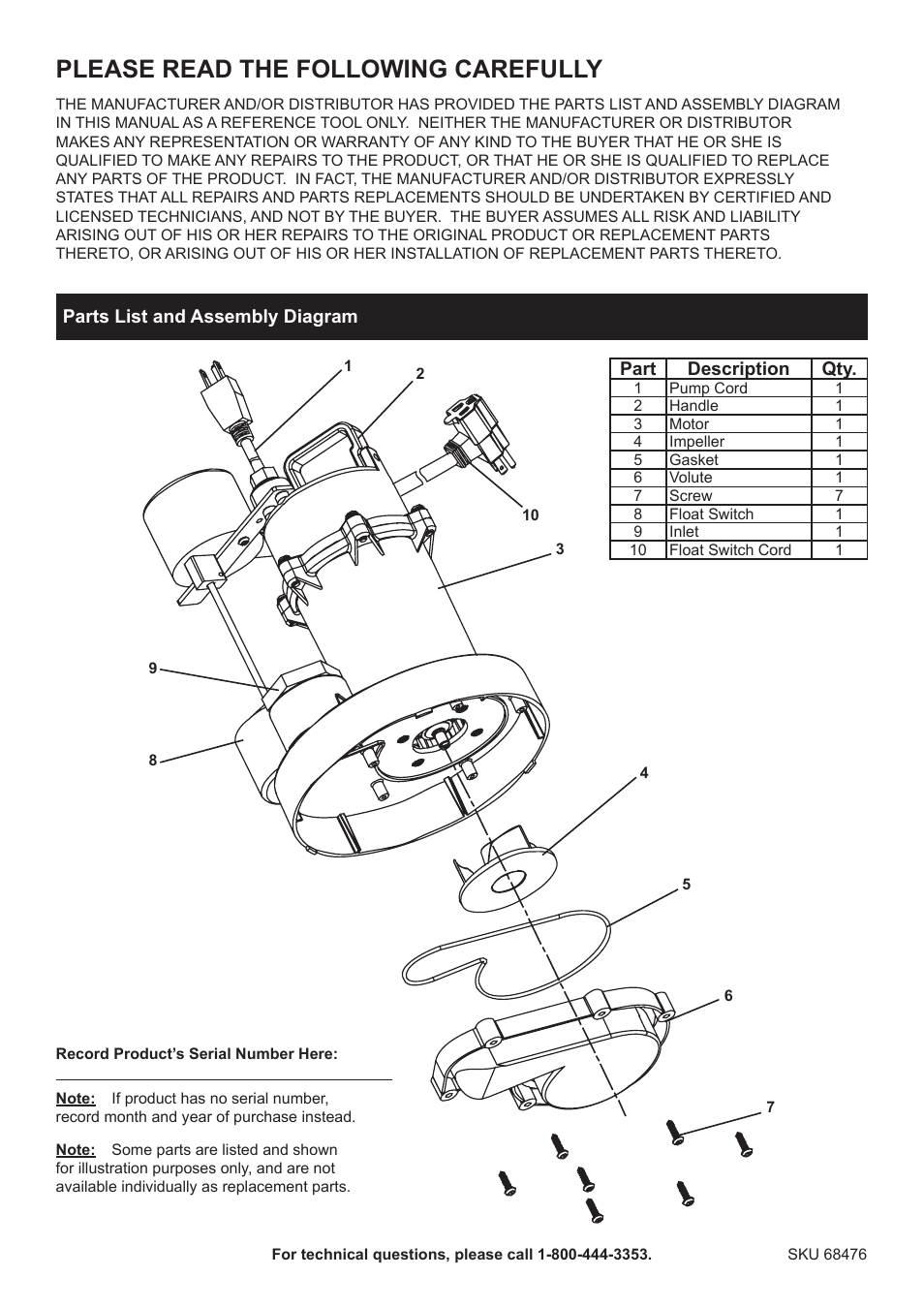 Please read the following carefully | Harbor Freight Tools PACIFIC HYDROSTAR 1/3 HP Submersible Sump Pump with Vertical Float Switch 68476 User Manual | Page 2 / 9