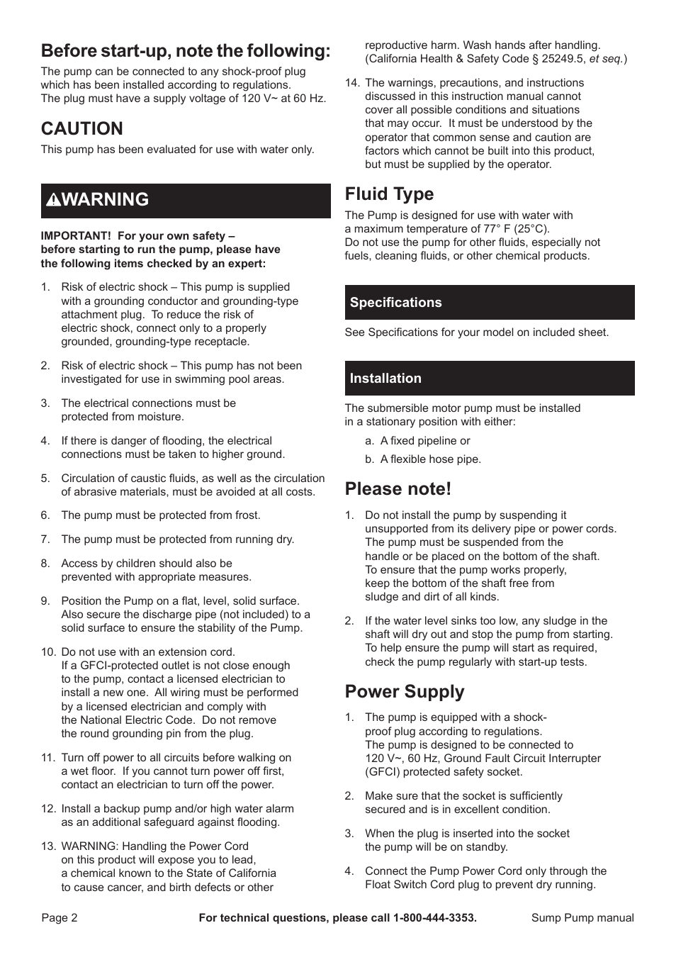 Caution, Warning, Fluid type | Power supply | Harbor Freight Tools PACIFIC HYDROSTAR 1/3 HP Submersible Sump Pump with Vertical Float Switch 68476 User Manual | Page 4 / 9