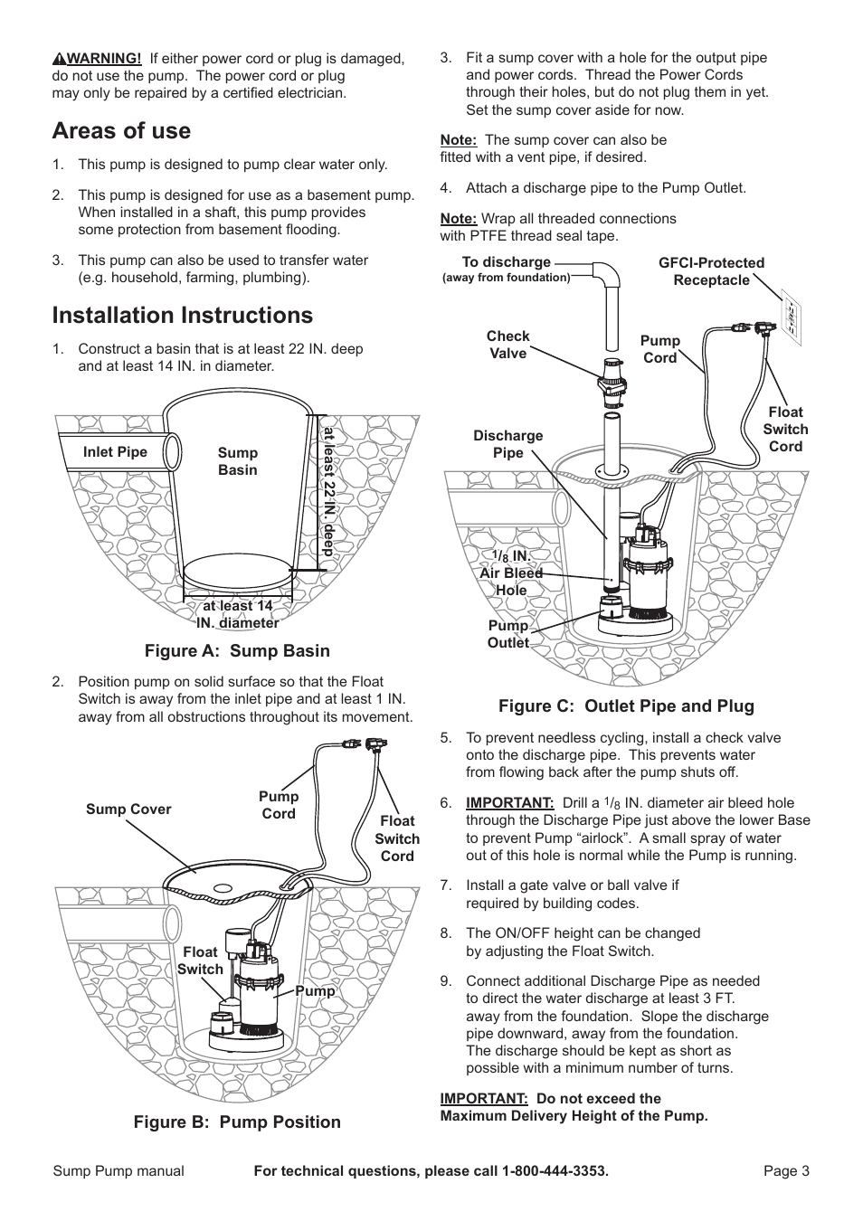 Areas of use, Installation instructions | Harbor Freight Tools PACIFIC HYDROSTAR 1/3 HP Submersible Sump Pump with Vertical Float Switch 68476 User Manual | Page 5 / 9