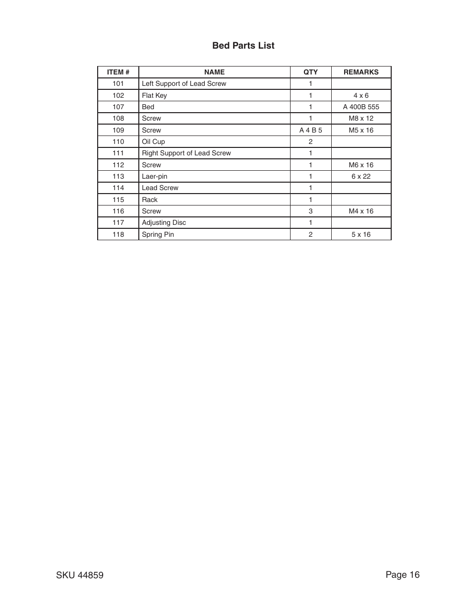 Bed parts list | Harbor Freight Tools CENTRAL MACHINERY 44859 User Manual | Page 16 / 31