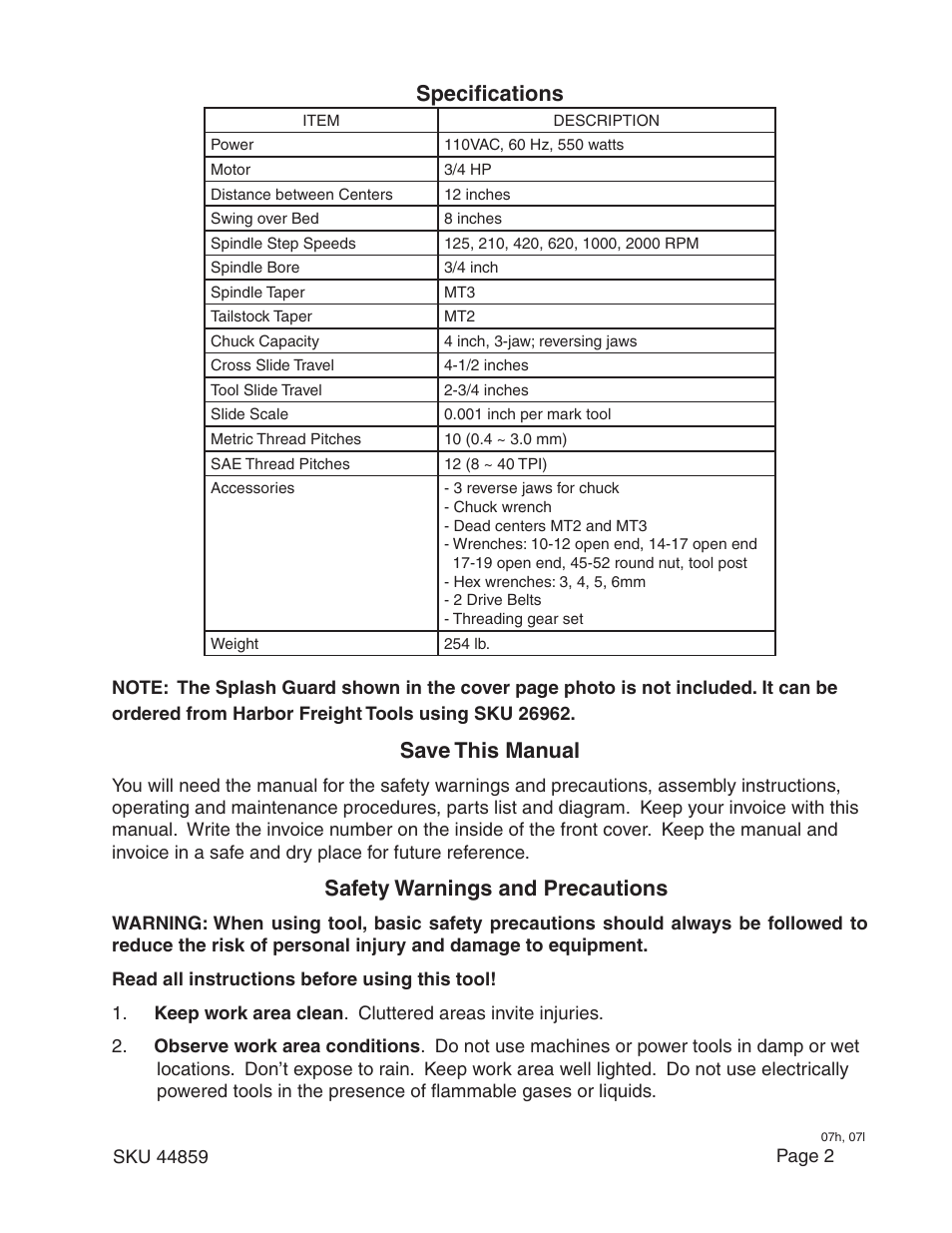 Specifications, Save this manual, Safety warnings and precautions | Harbor Freight Tools CENTRAL MACHINERY 44859 User Manual | Page 2 / 31