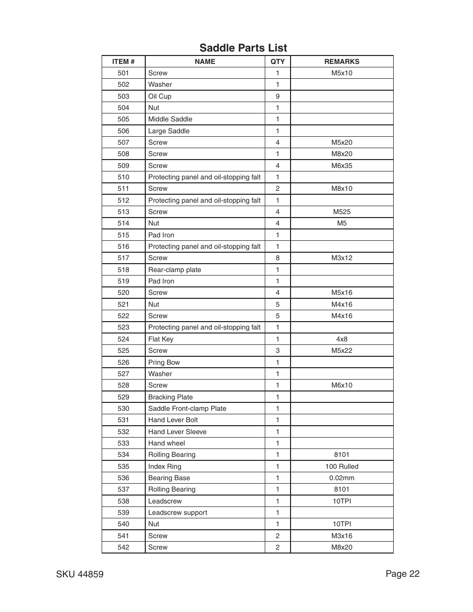 Saddle parts list | Harbor Freight Tools CENTRAL MACHINERY 44859 User Manual | Page 22 / 31