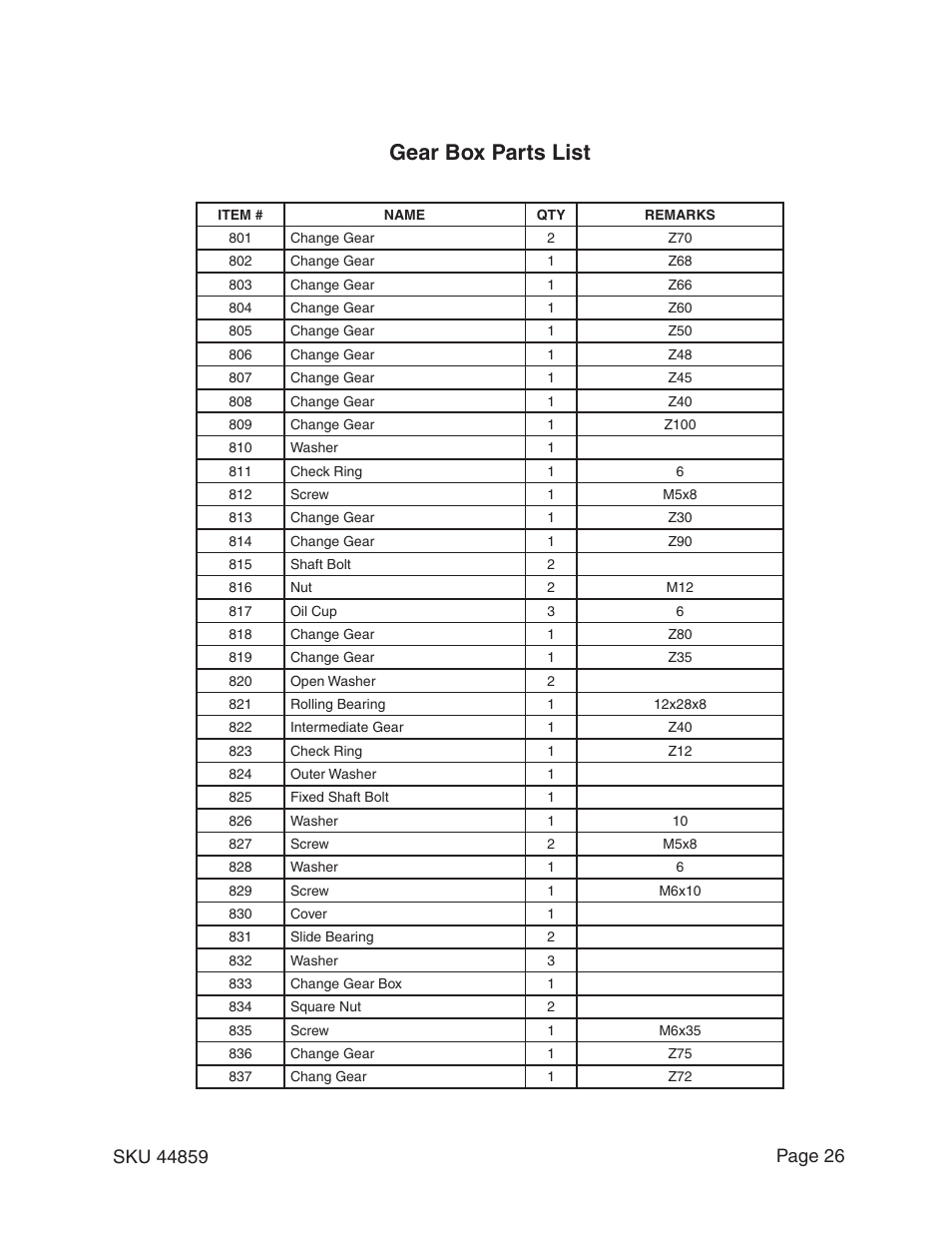 Gear box parts list | Harbor Freight Tools CENTRAL MACHINERY 44859 User Manual | Page 26 / 31
