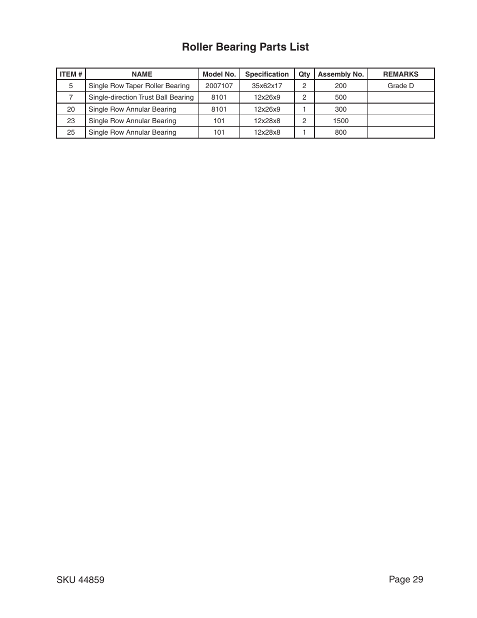 Roller bearing parts list | Harbor Freight Tools CENTRAL MACHINERY 44859 User Manual | Page 29 / 31