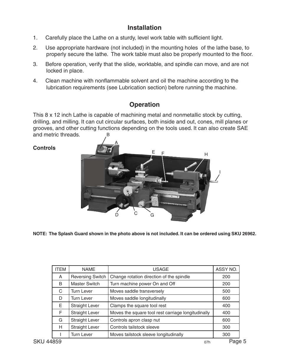 Installation, Operation | Harbor Freight Tools CENTRAL MACHINERY 44859 User Manual | Page 5 / 31