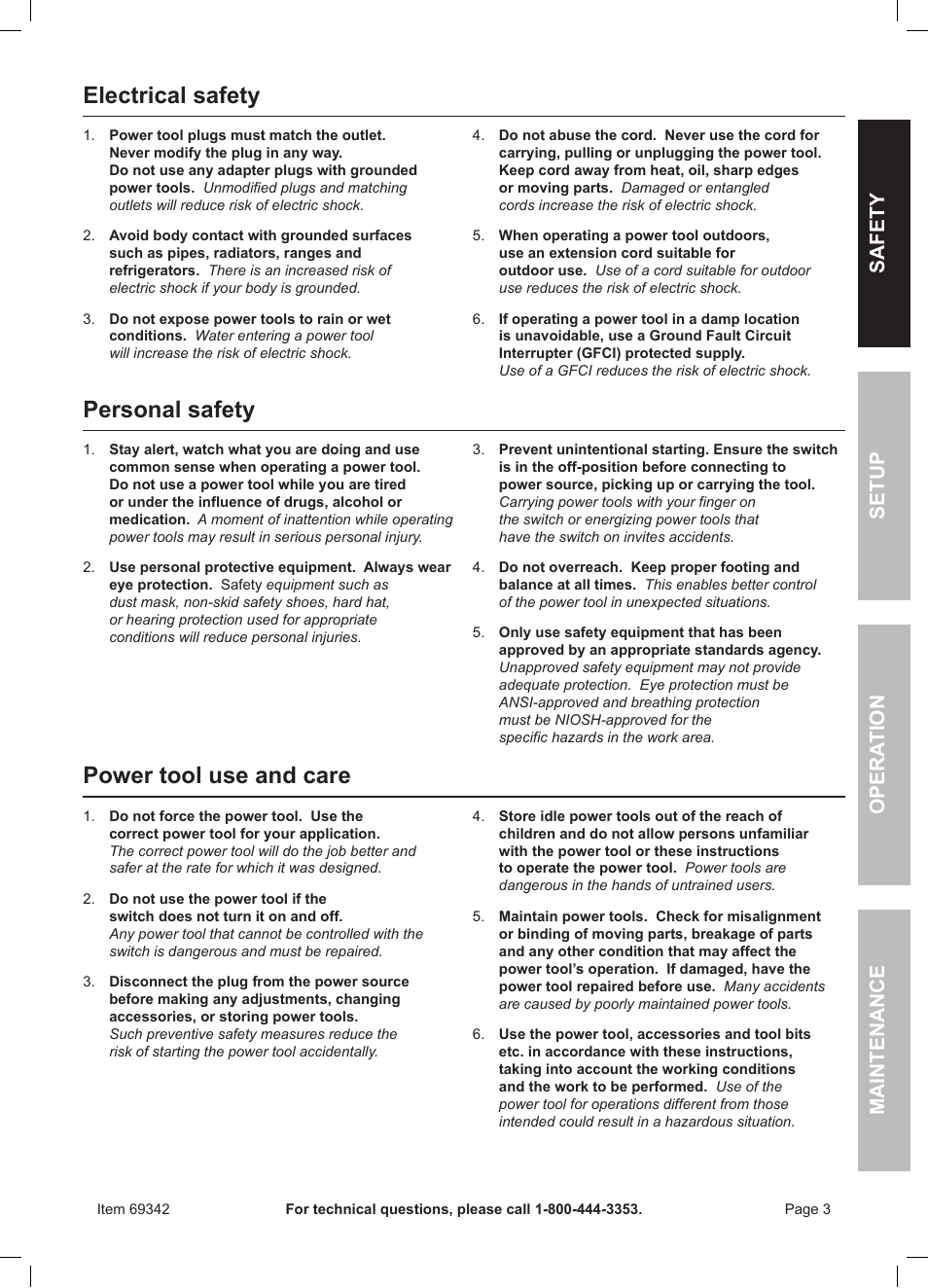 Electrical safety, Personal safety, Power tool use and care | Harbor Freight Tools Professional Series Chicago Electric Power Tools 1600W Heavy Duty Heat Gun 69342 User Manual | Page 3 / 12