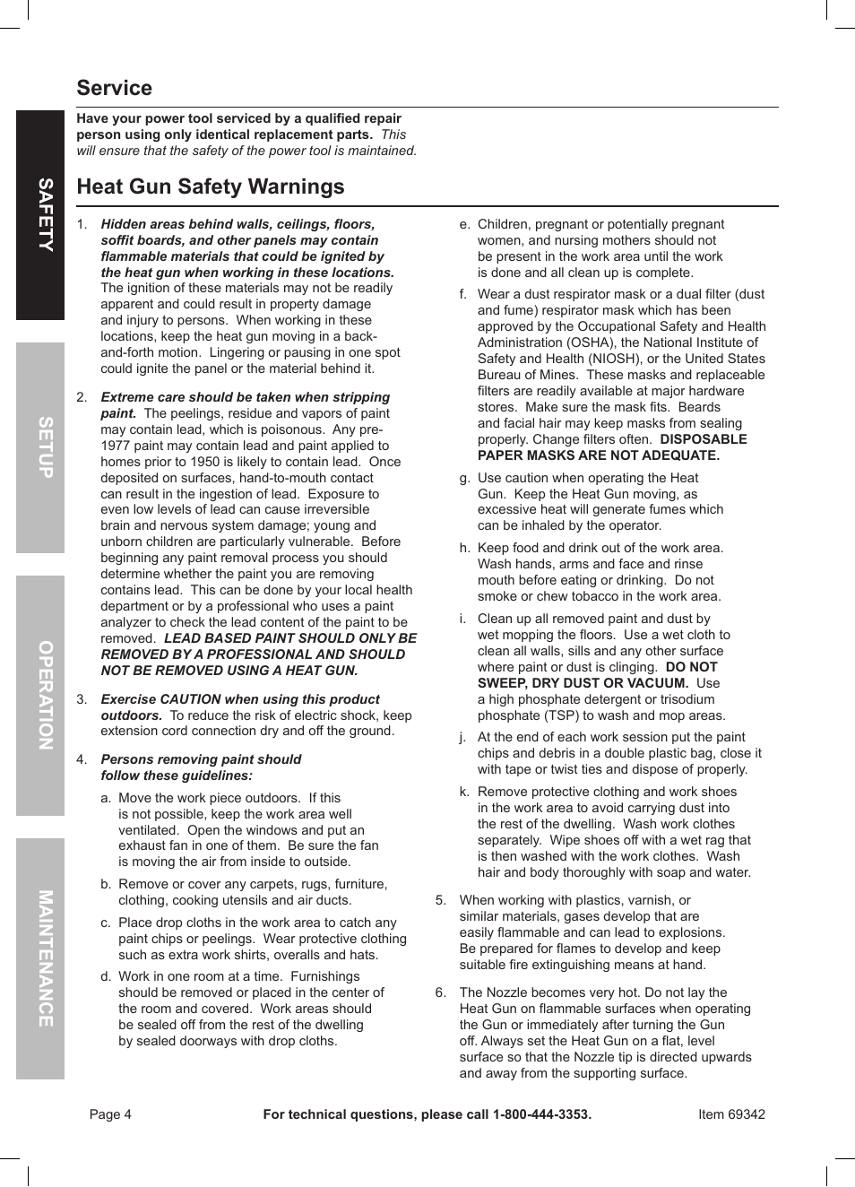 Service, Heat gun safety warnings | Harbor Freight Tools Professional Series Chicago Electric Power Tools 1600W Heavy Duty Heat Gun 69342 User Manual | Page 4 / 12