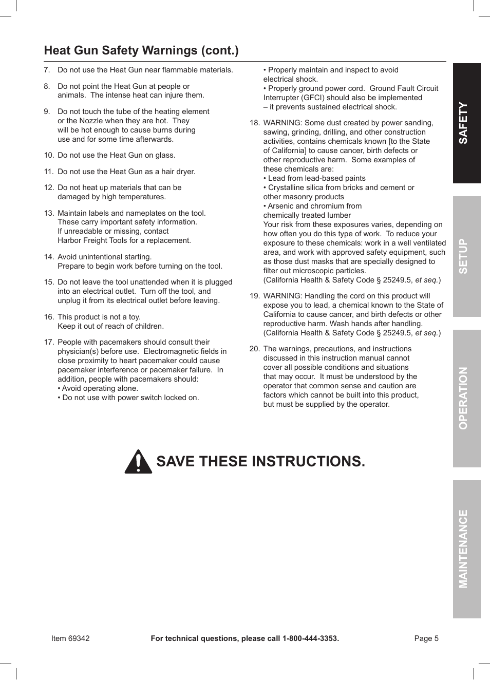 Save these instructions, Heat gun safety warnings (cont.) | Harbor Freight Tools Professional Series Chicago Electric Power Tools 1600W Heavy Duty Heat Gun 69342 User Manual | Page 5 / 12