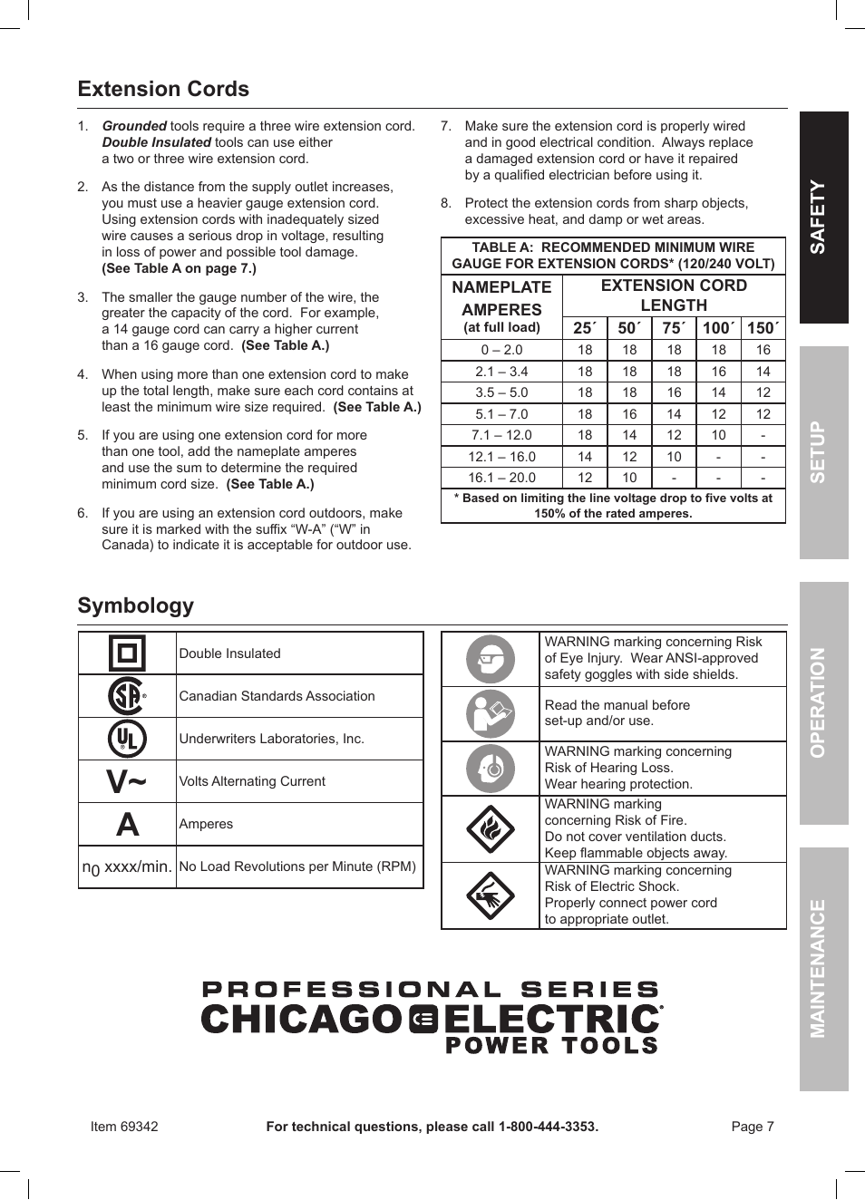 Extension cords, Symbology | Harbor Freight Tools Professional Series Chicago Electric Power Tools 1600W Heavy Duty Heat Gun 69342 User Manual | Page 7 / 12