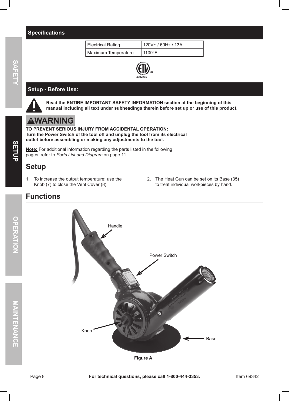 Setup, Functions | Harbor Freight Tools Professional Series Chicago Electric Power Tools 1600W Heavy Duty Heat Gun 69342 User Manual | Page 8 / 12