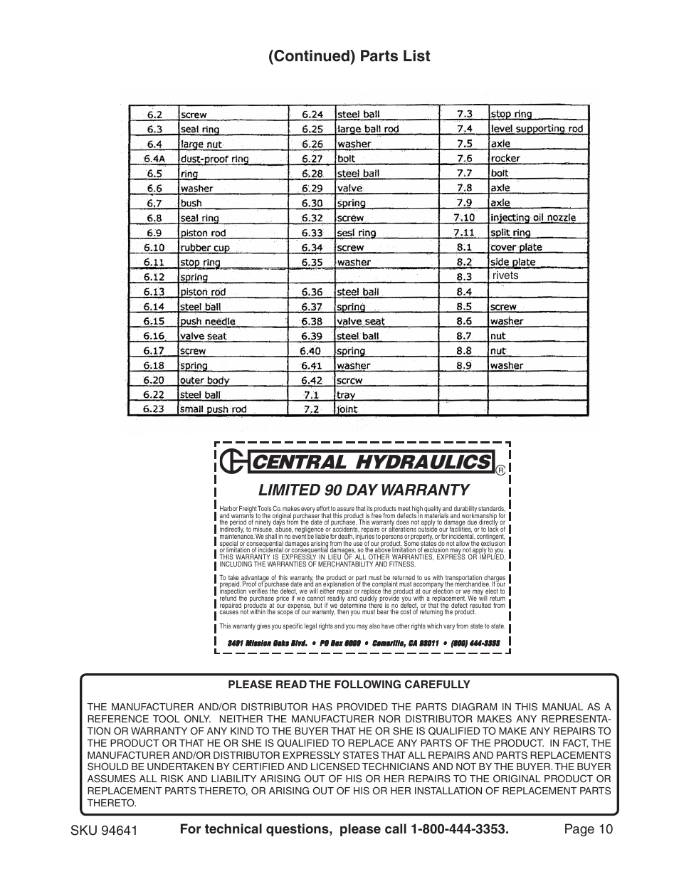Limited 90 day warranty, Continued) parts list | Harbor Freight Tools 94641 User Manual | Page 10 / 11
