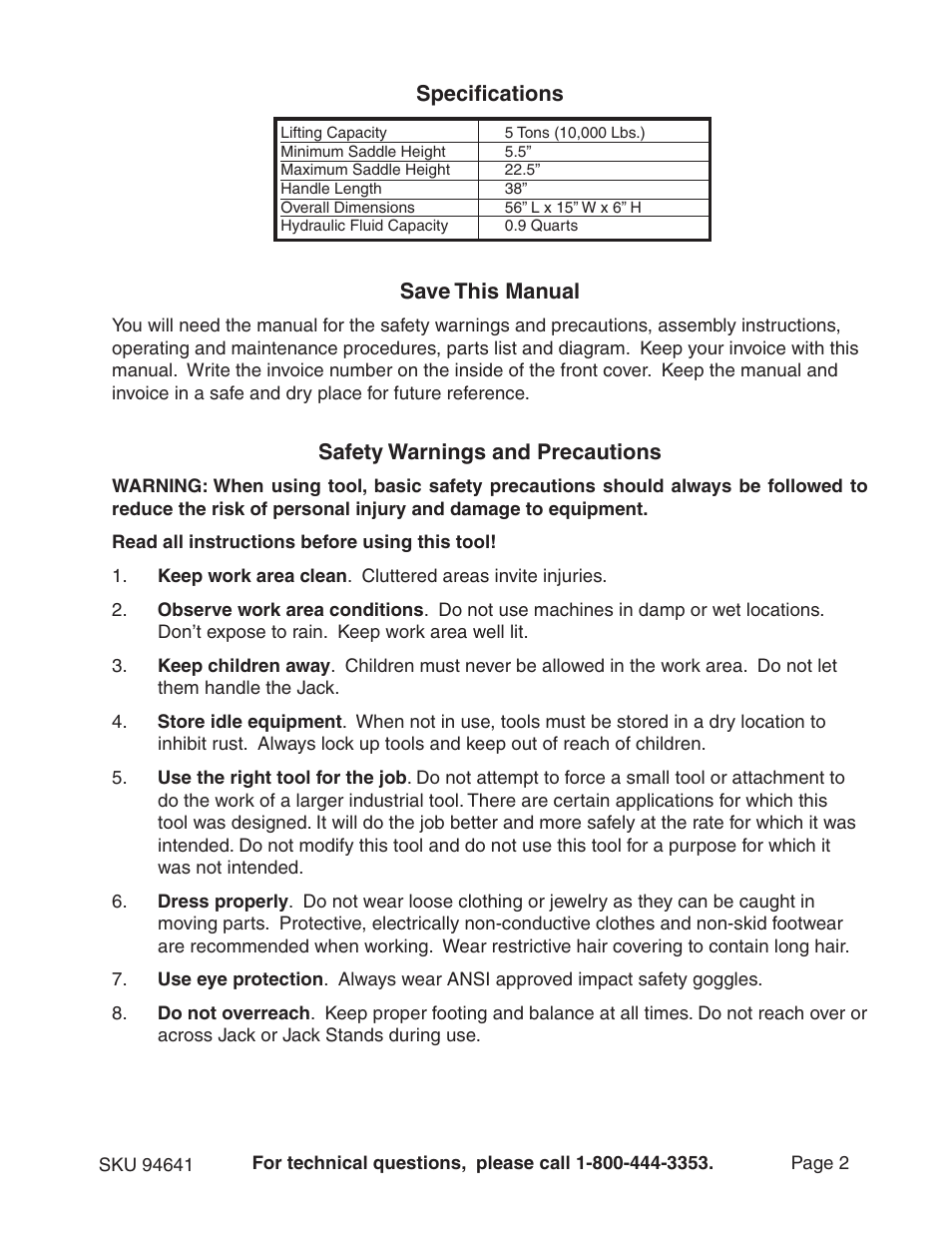 Specifications save this manual, Safety warnings and precautions | Harbor Freight Tools 94641 User Manual | Page 2 / 11