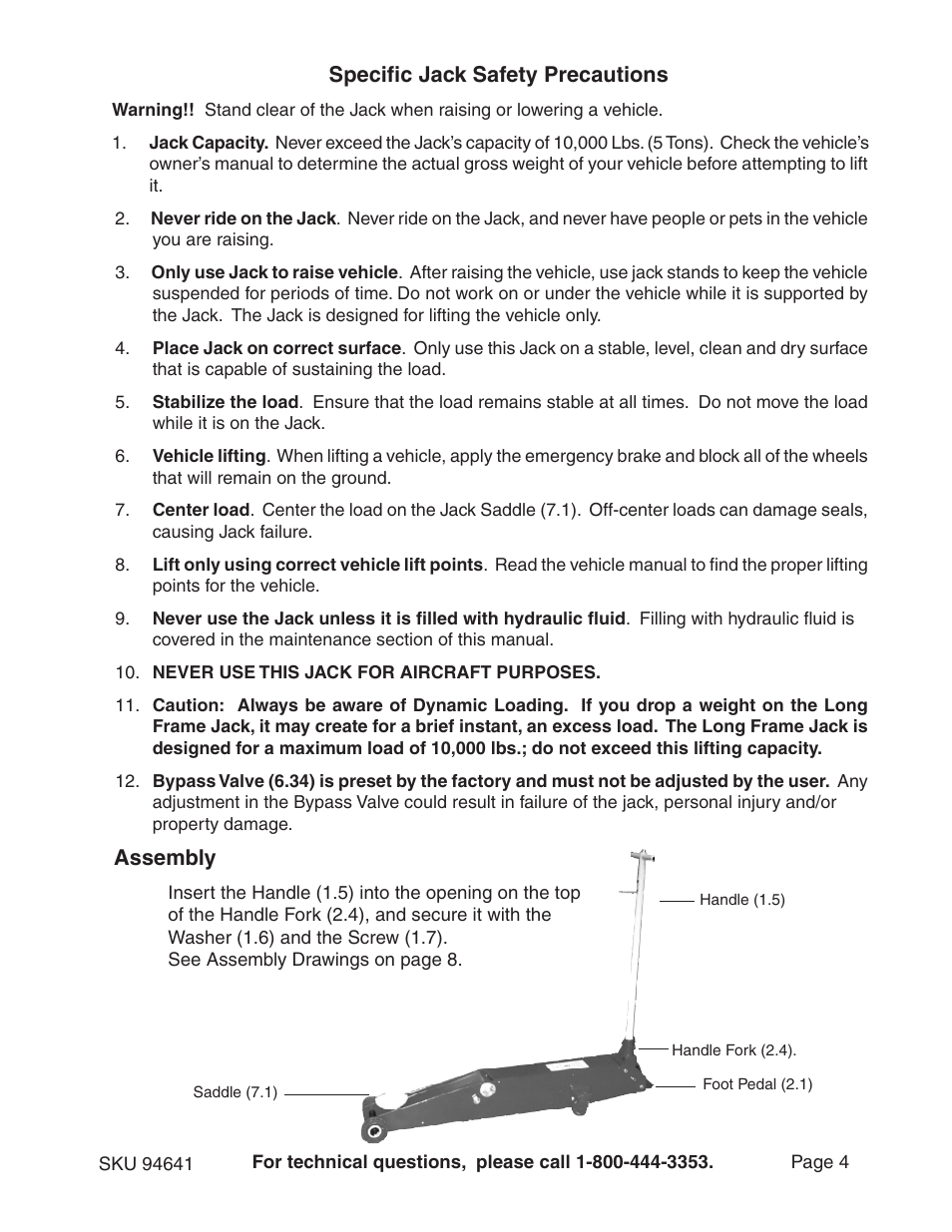 Specific jack safety precautions assembly | Harbor Freight Tools 94641 User Manual | Page 4 / 11