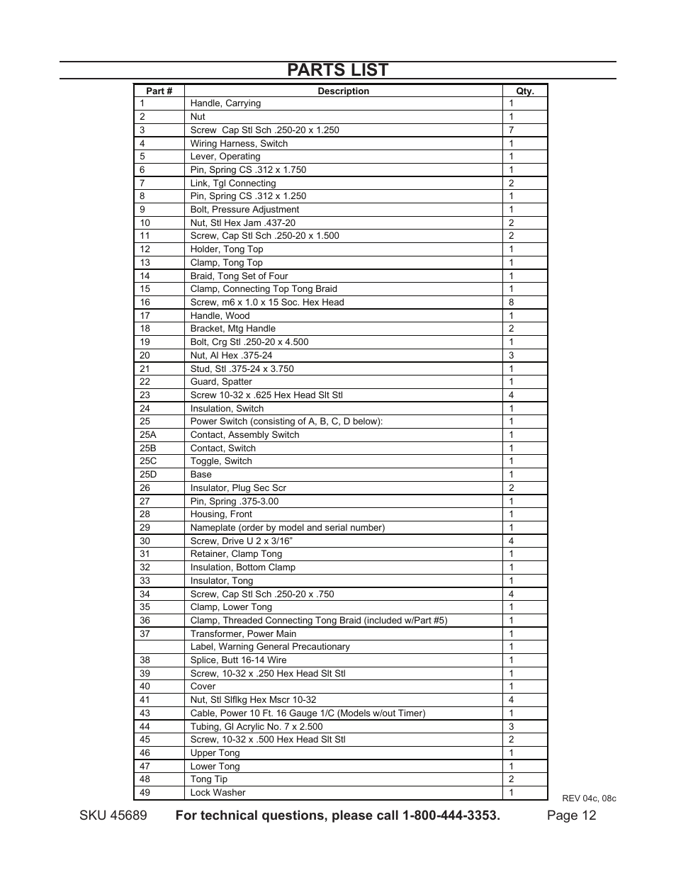 Parts list | Harbor Freight Tools 45689 User Manual | Page 12 / 14