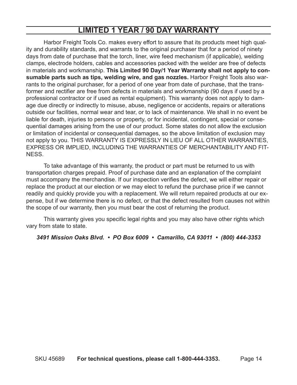 Limited 1 year / 90 day warranty | Harbor Freight Tools 45689 User Manual | Page 14 / 14