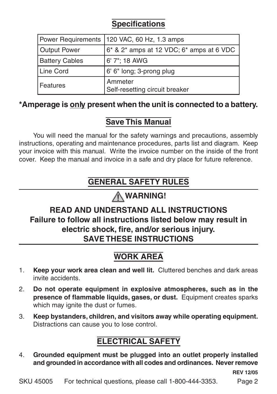 Specifications, Electrical safety | Harbor Freight Tools 45005 User Manual | Page 2 / 10