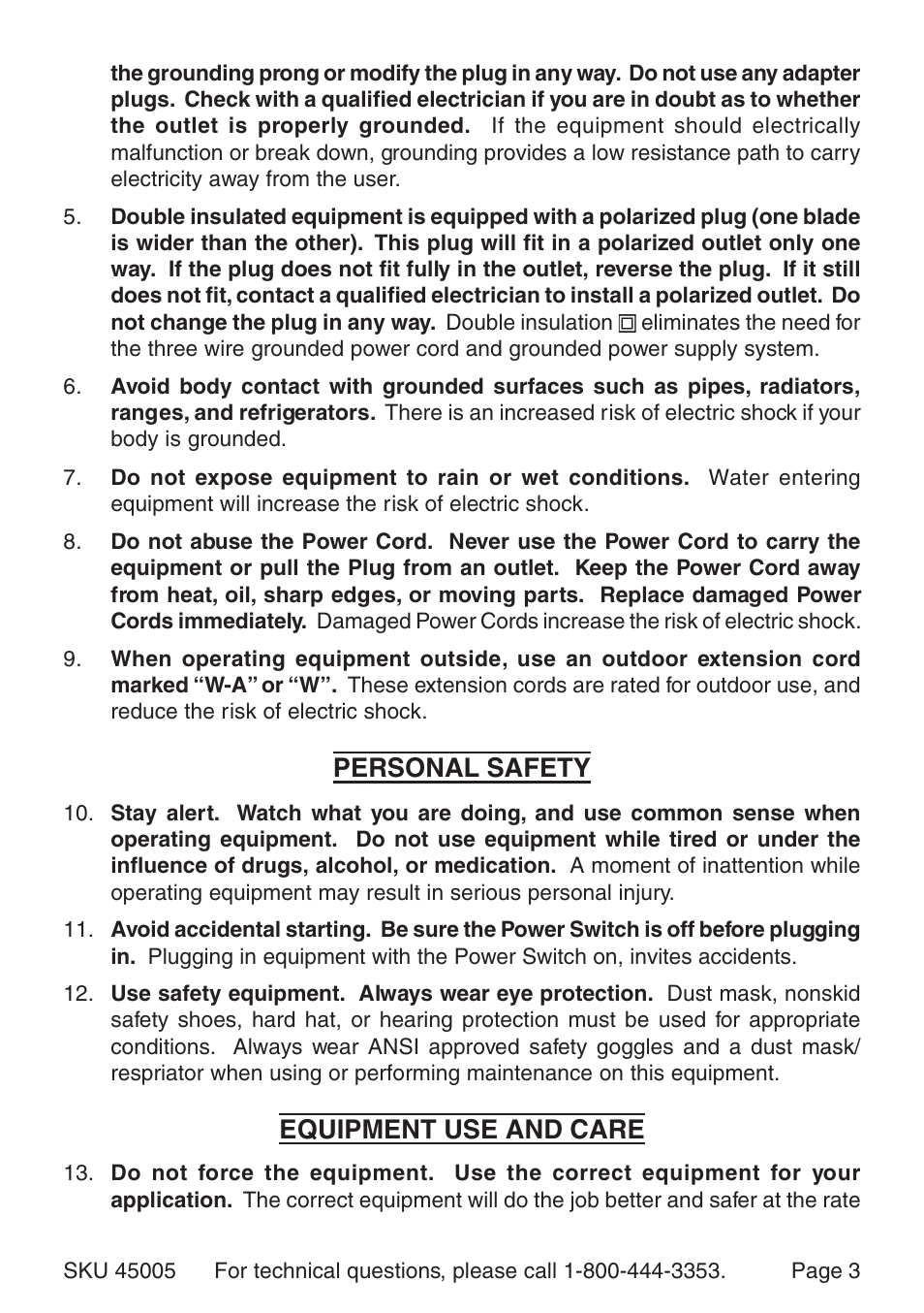 Personal safety, Equipment use and care | Harbor Freight Tools 45005 User Manual | Page 3 / 10