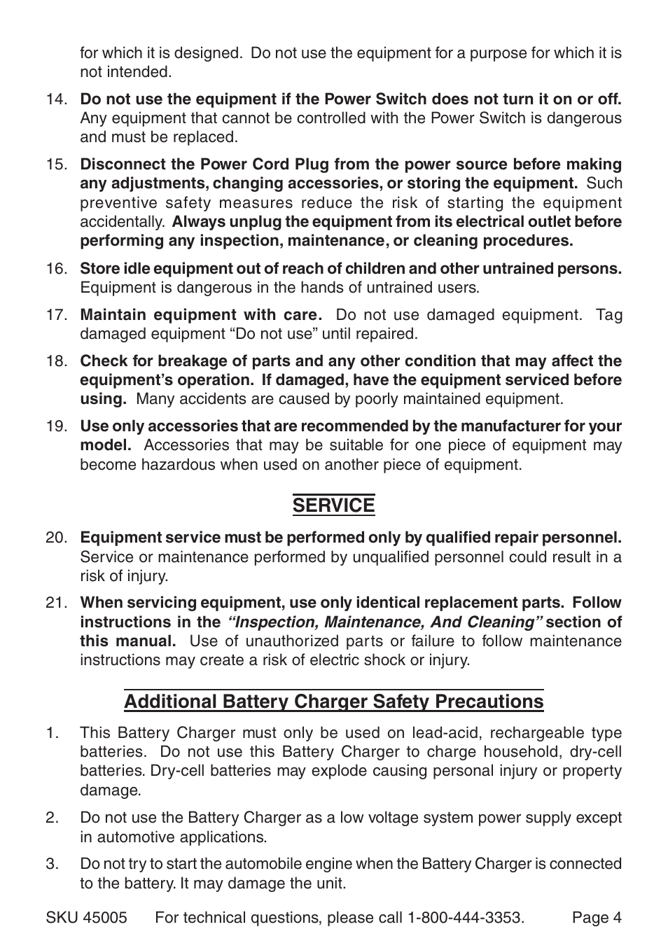 Service, Additional battery charger safety precautions | Harbor Freight Tools 45005 User Manual | Page 4 / 10