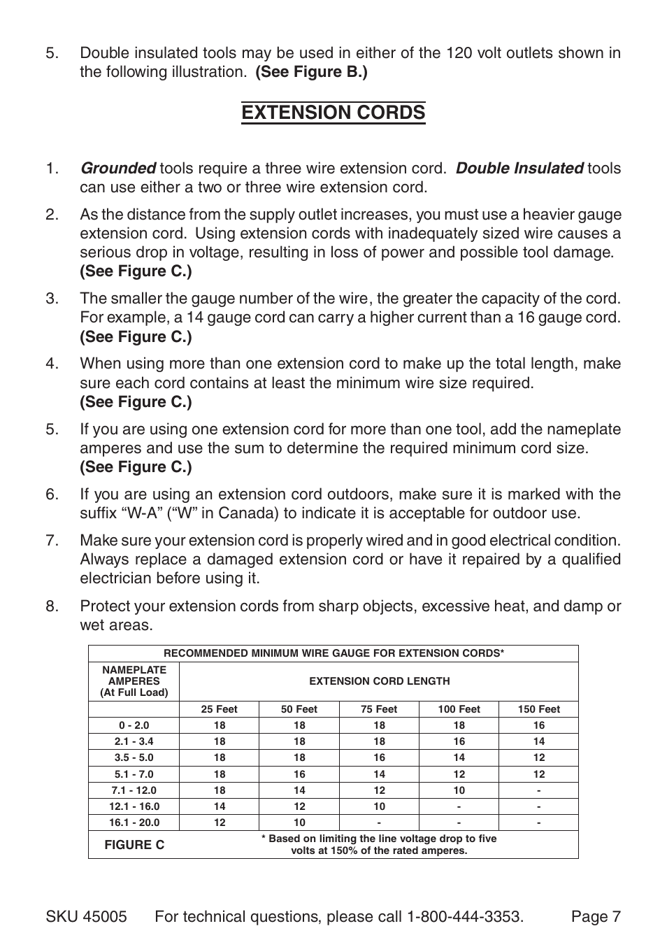 Extension cords, Grounded, Double insulated | Tools require a three wire extension cord | Harbor Freight Tools 45005 User Manual | Page 7 / 10