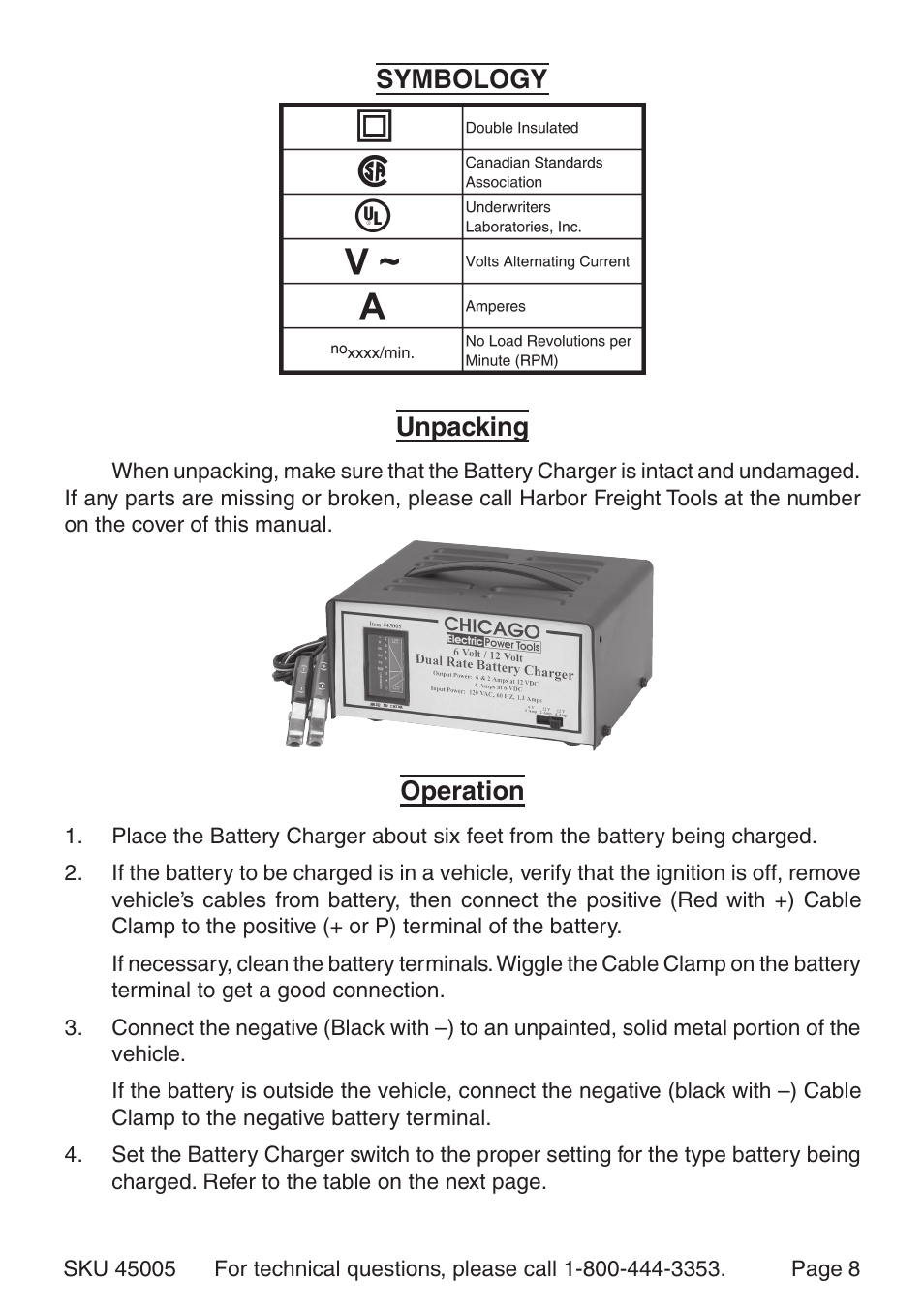 Unpacking, Operation, Symbology | Harbor Freight Tools 45005 User Manual | Page 8 / 10