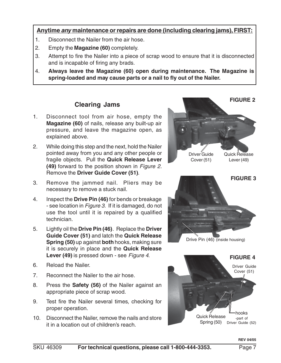 Clearing jams | Harbor Freight Tools 46309 User Manual | Page 7 / 10