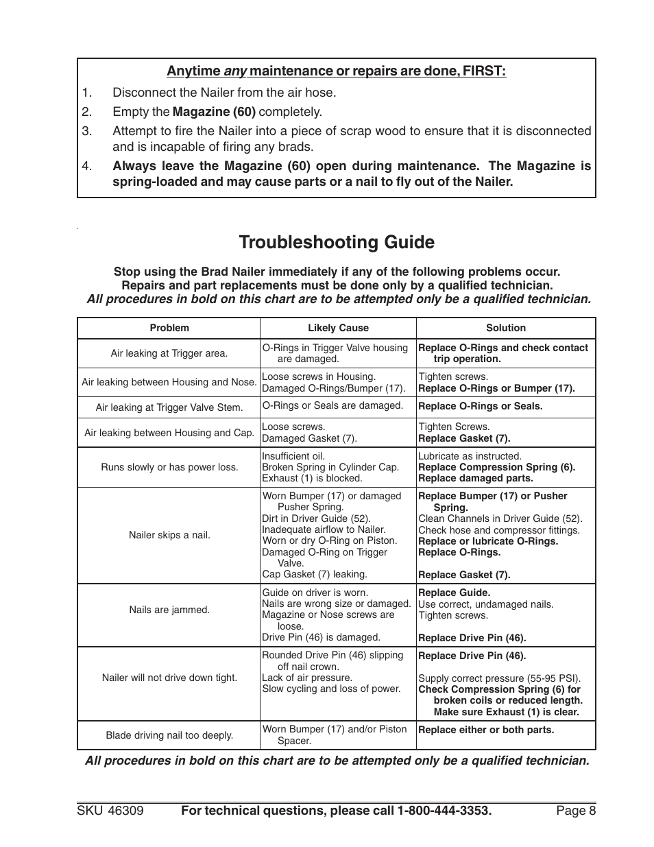 Anytime any maintenance or repairs are done, first | Harbor Freight Tools 46309 User Manual | Page 8 / 10