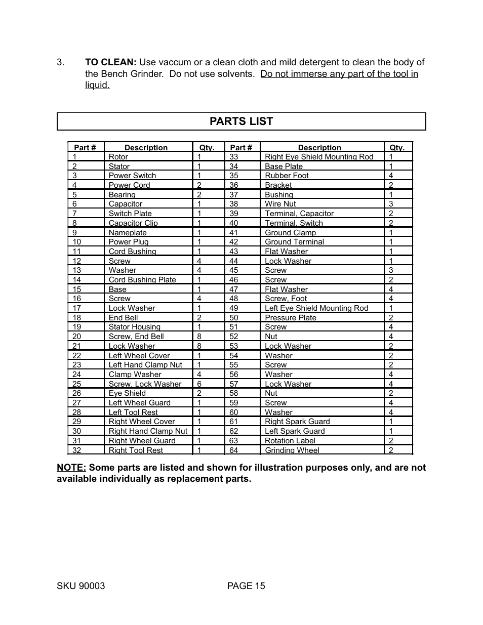 Parts list | Harbor Freight Tools 90003 User Manual | Page 15 / 16