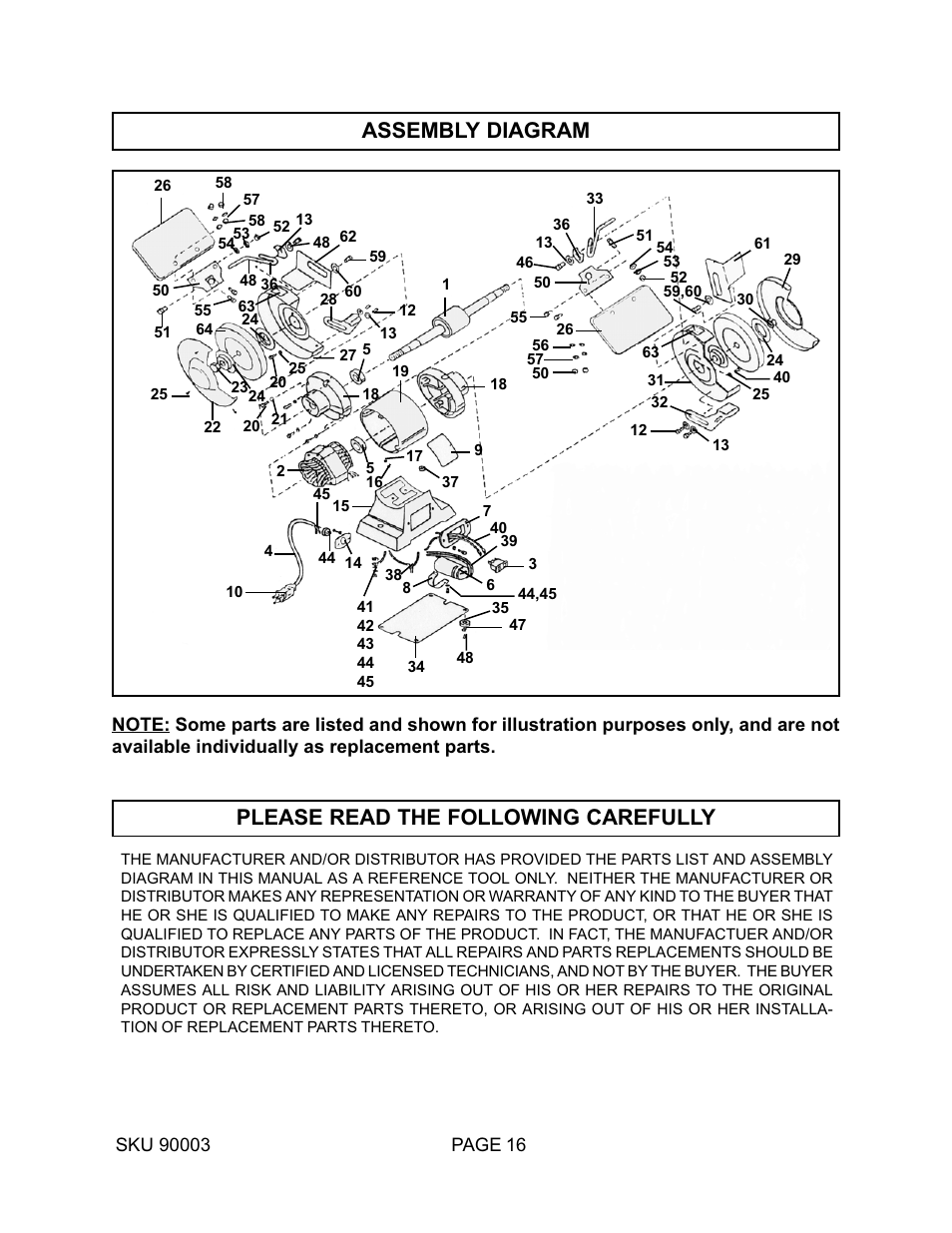 Assembly diagram, Please read the following carefully | Harbor Freight Tools 90003 User Manual | Page 16 / 16