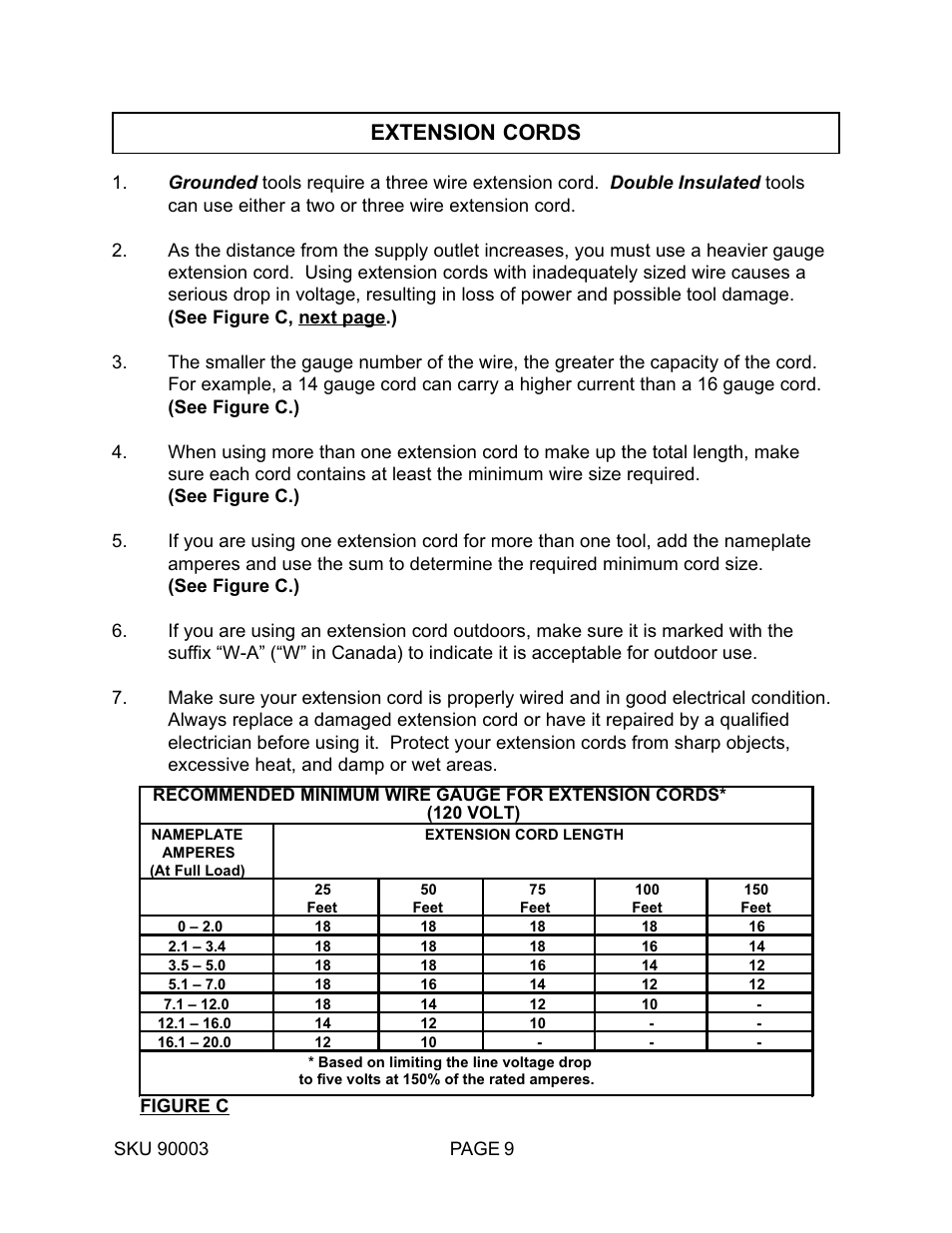 Extension cords | Harbor Freight Tools 90003 User Manual | Page 9 / 16