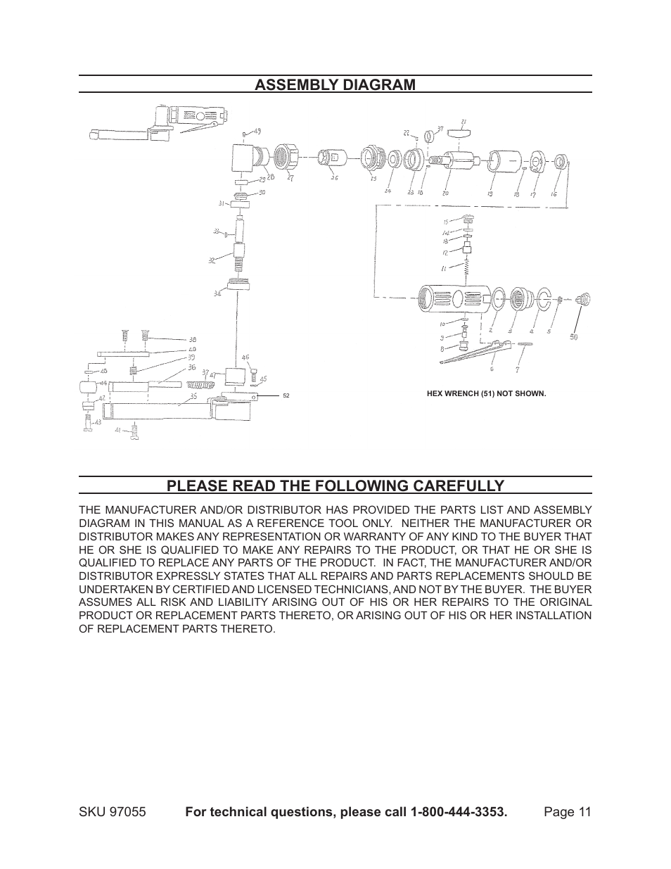 Assembly diagram, Please read the following carefully | Harbor Freight Tools 97055 User Manual | Page 11 / 12