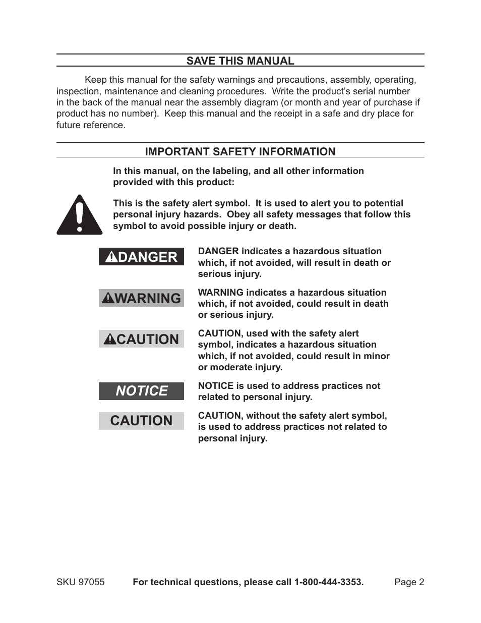 Danger warning caution notice caution | Harbor Freight Tools 97055 User Manual | Page 2 / 12