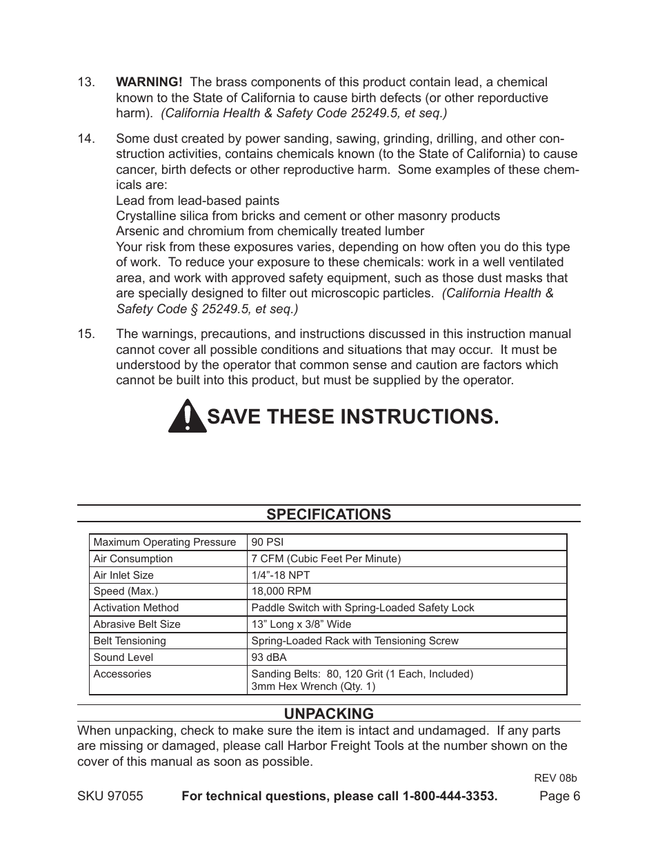 Save these instructions, Specifications unpacking | Harbor Freight Tools 97055 User Manual | Page 6 / 12