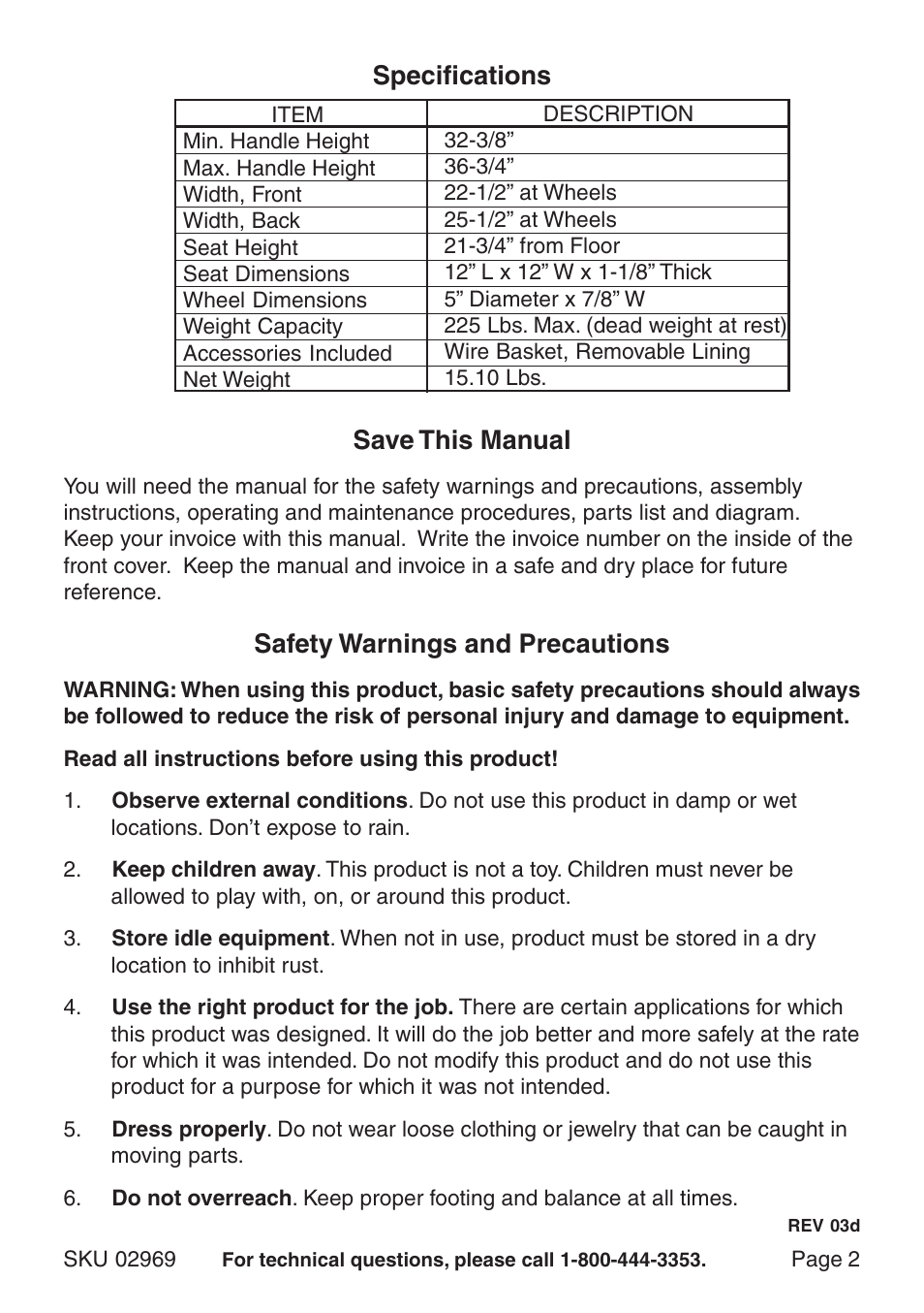 Specifications save this manual, Safety warnings and precautions | Harbor Freight Tools 02969 User Manual | Page 2 / 6