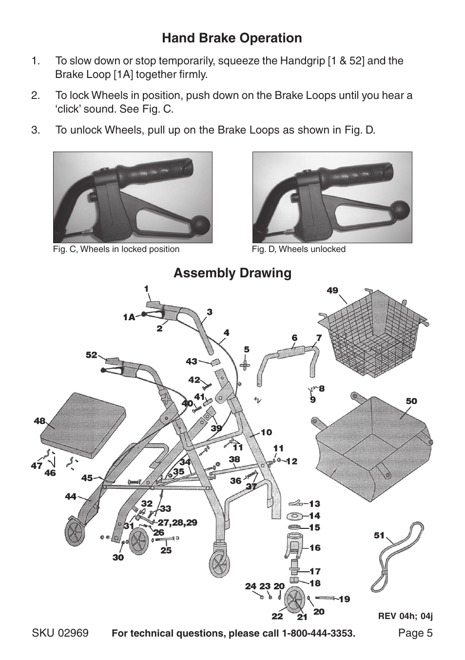 Hand brake operation, Assembly drawing | Harbor Freight Tools 02969 User Manual | Page 5 / 6