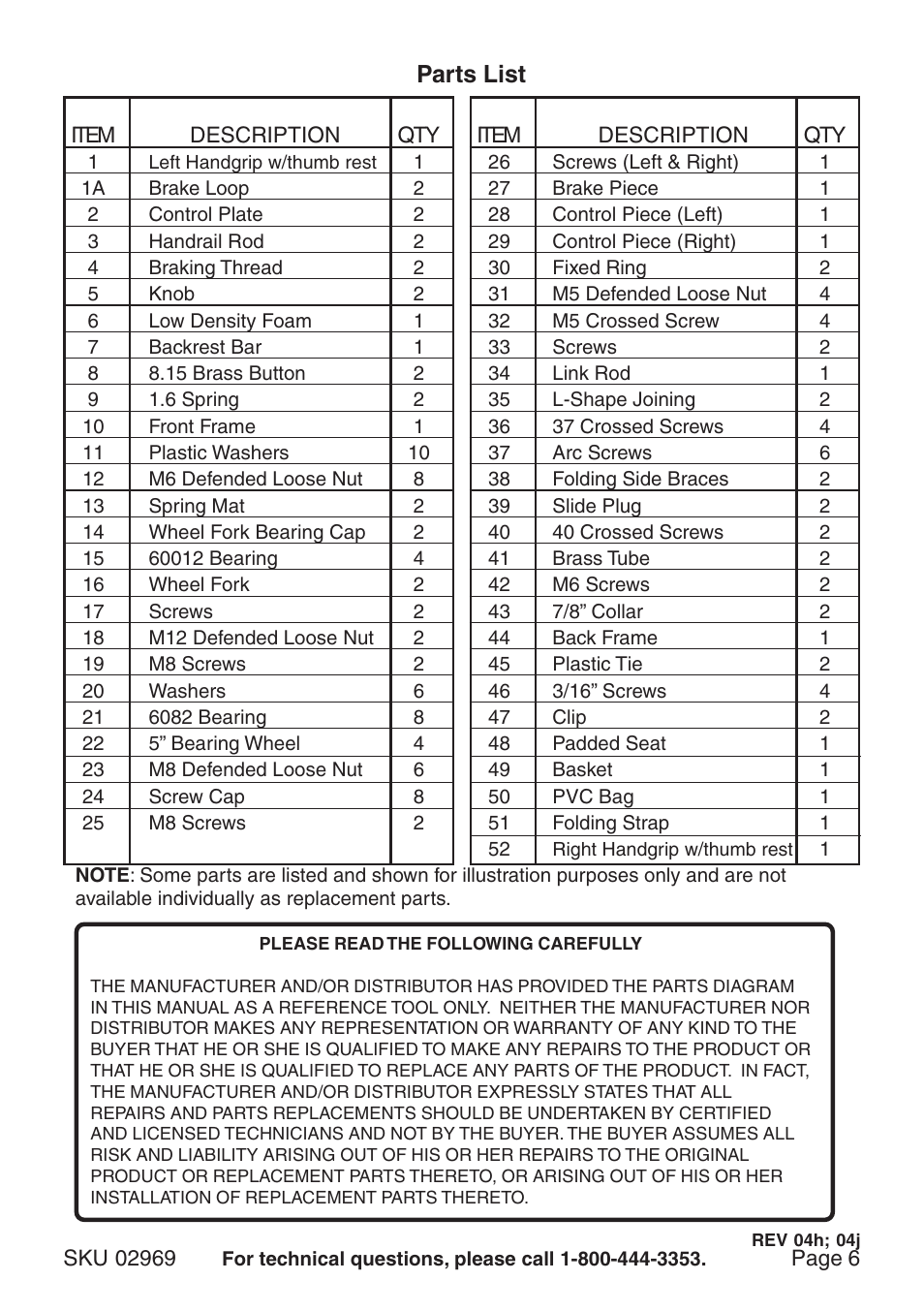 Parts list | Harbor Freight Tools 02969 User Manual | Page 6 / 6