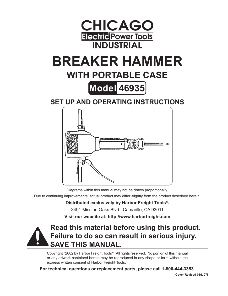 Harbor Freight Tools Chicago Electric Breaker Hammer with Portable Case 46935 User Manual | 10 pages