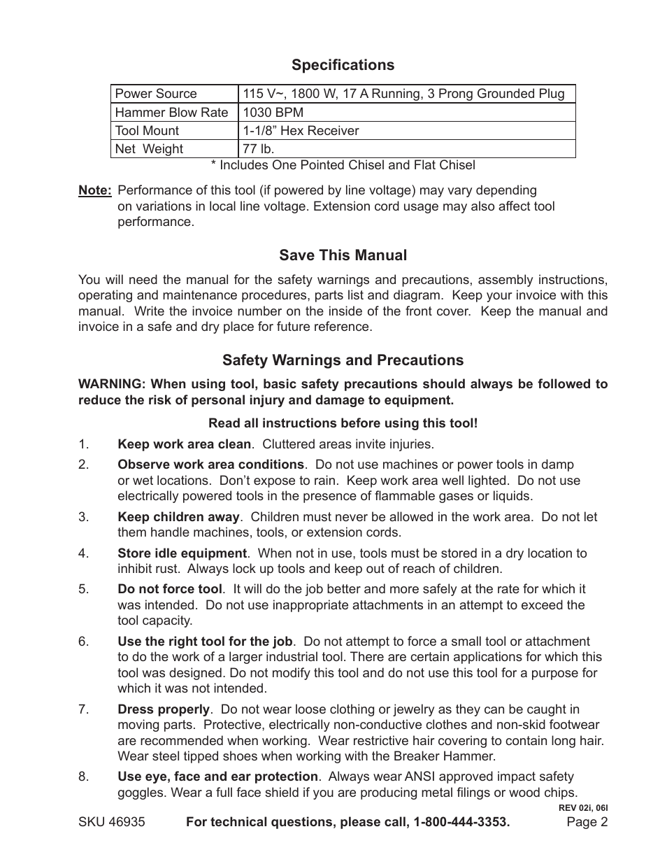 Harbor Freight Tools Chicago Electric Breaker Hammer with Portable Case 46935 User Manual | Page 2 / 10