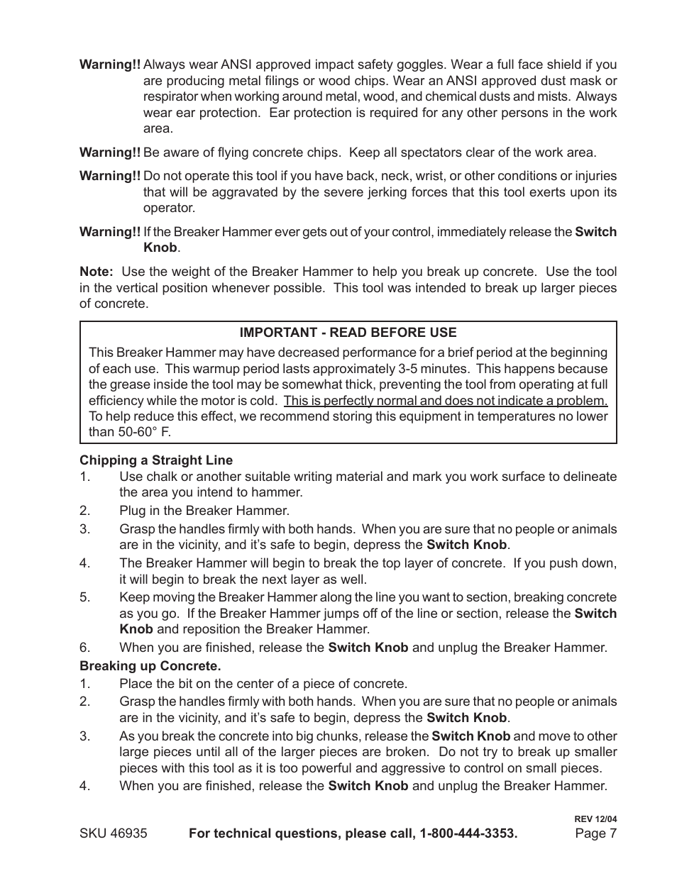 Harbor Freight Tools Chicago Electric Breaker Hammer with Portable Case 46935 User Manual | Page 7 / 10