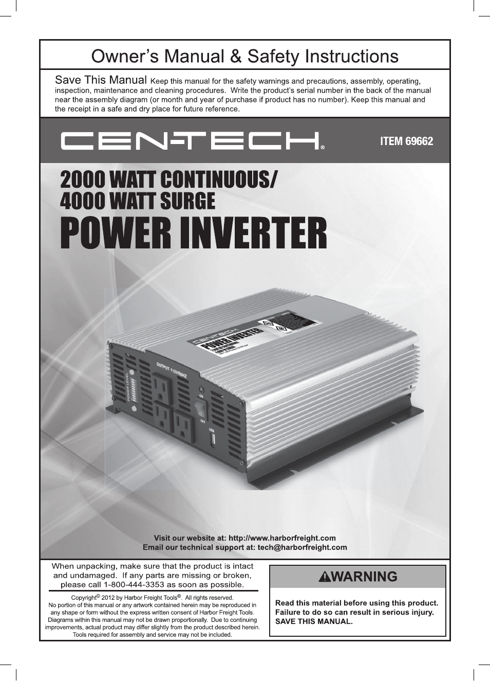 Harbor Freight Tools Centech 2000watt continuous power inverter 69662 User Manual | 12 pages