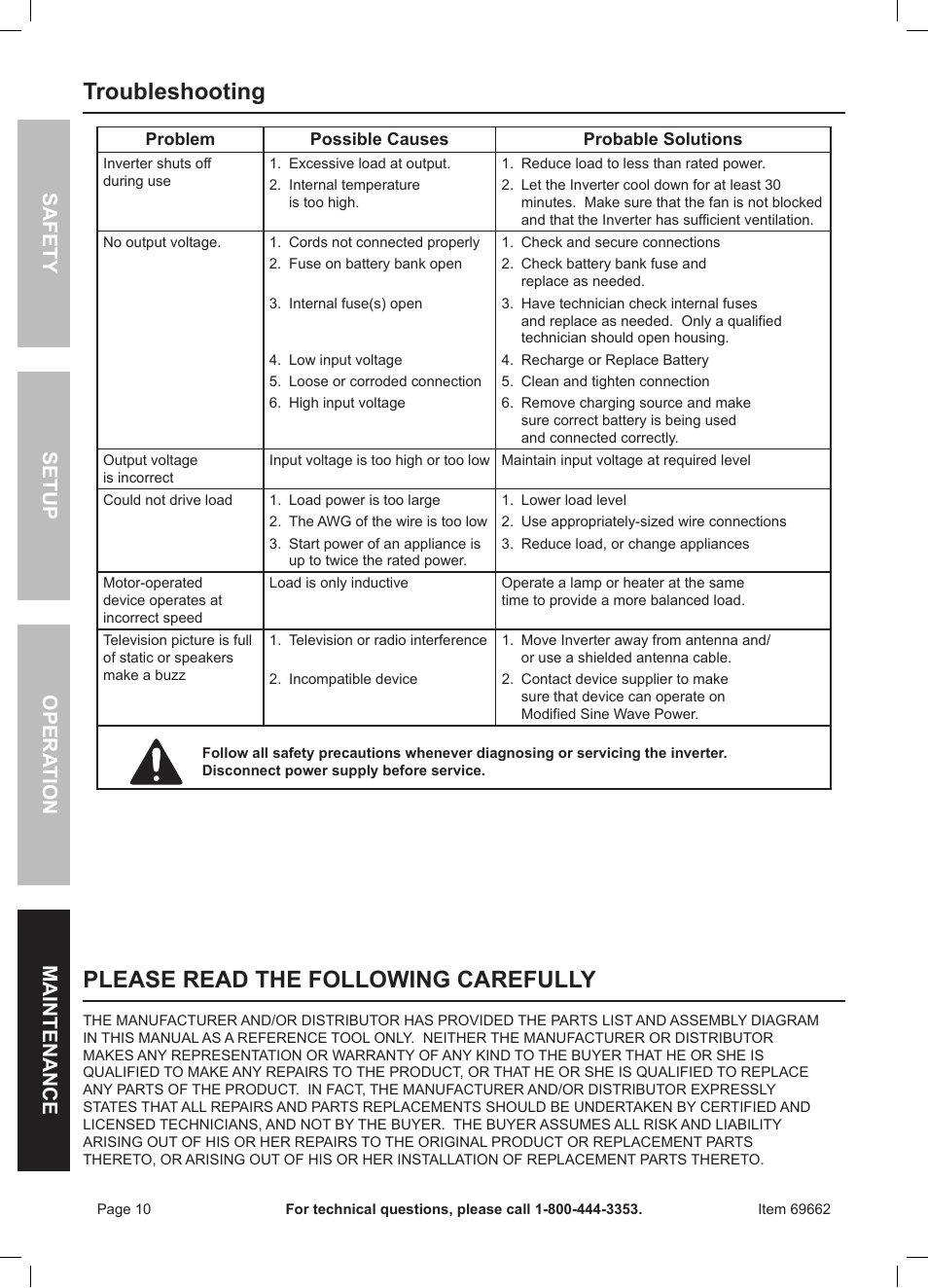 Troubleshooting, Please read the following carefully | Harbor Freight Tools Centech 2000watt continuous power inverter 69662 User Manual | Page 10 / 12