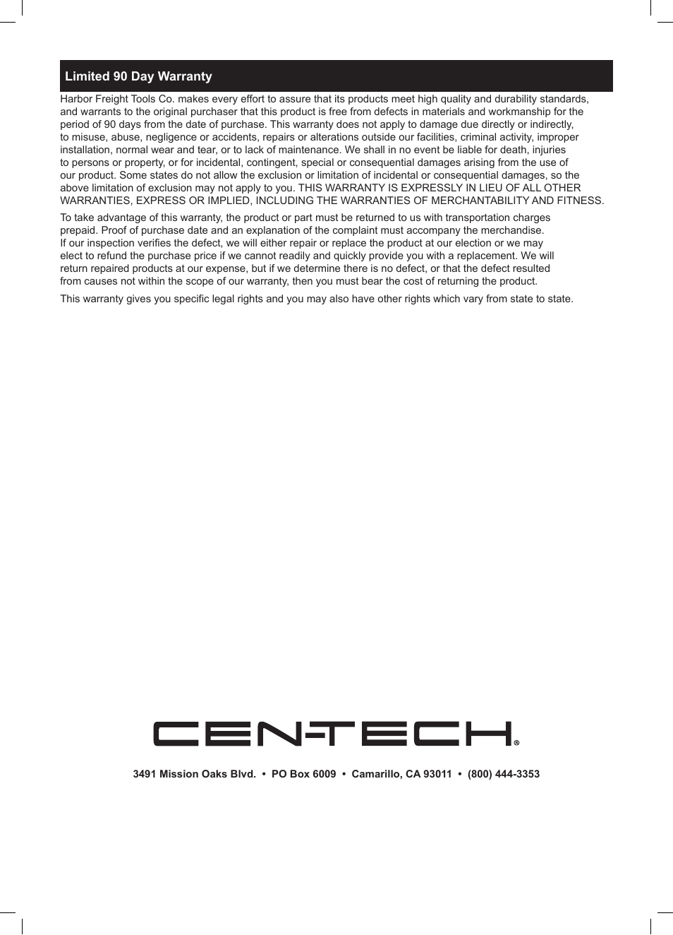 Harbor Freight Tools Centech 2000watt continuous power inverter 69662 User Manual | Page 12 / 12