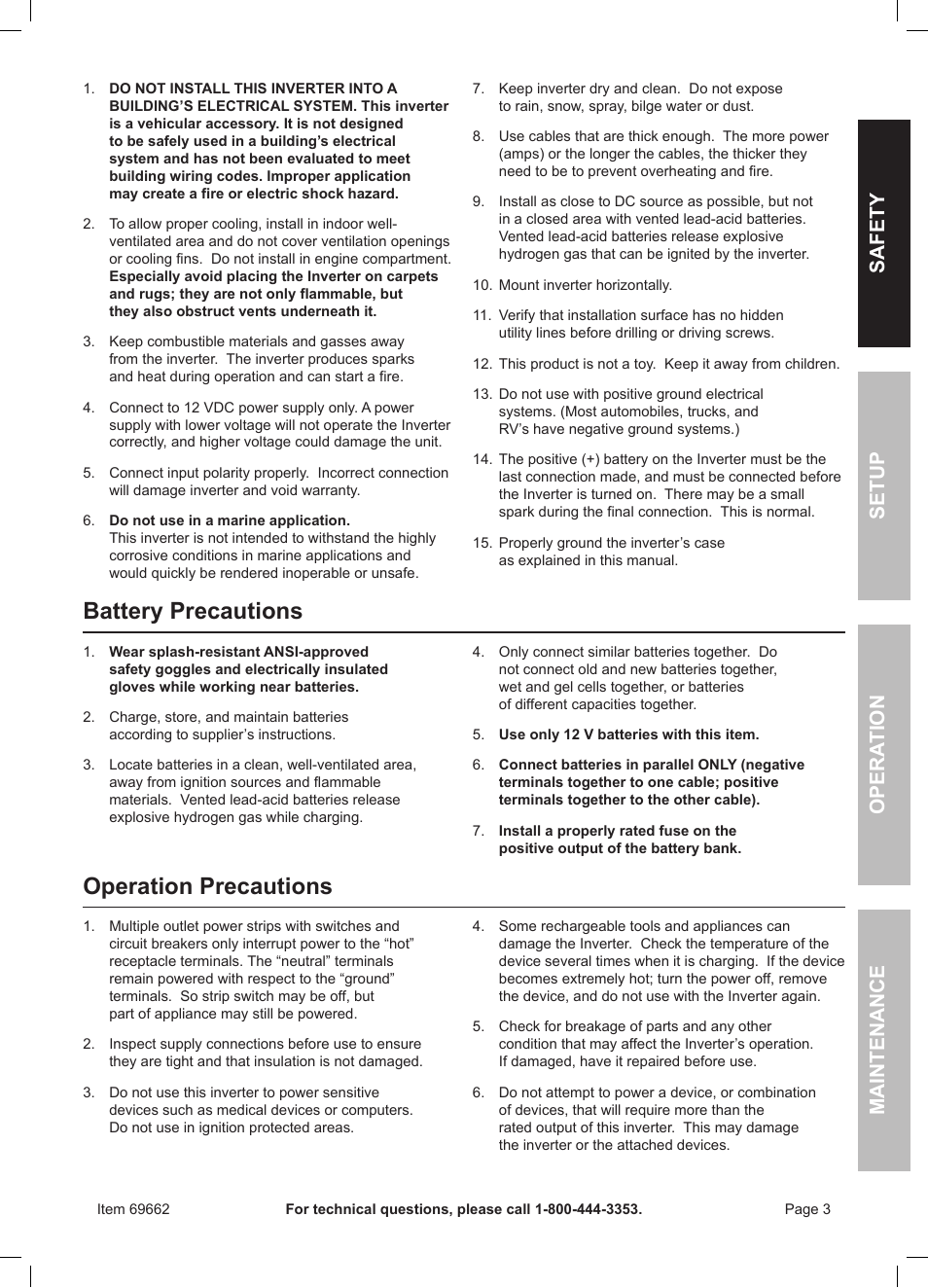 Battery precautions, Operation precautions | Harbor Freight Tools Centech 2000watt continuous power inverter 69662 User Manual | Page 3 / 12