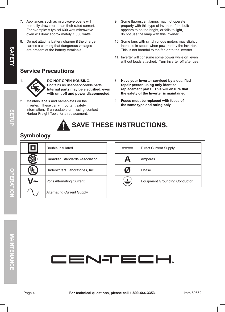 Save these instructions, Service precautions, Symbology | Harbor Freight Tools Centech 2000watt continuous power inverter 69662 User Manual | Page 4 / 12