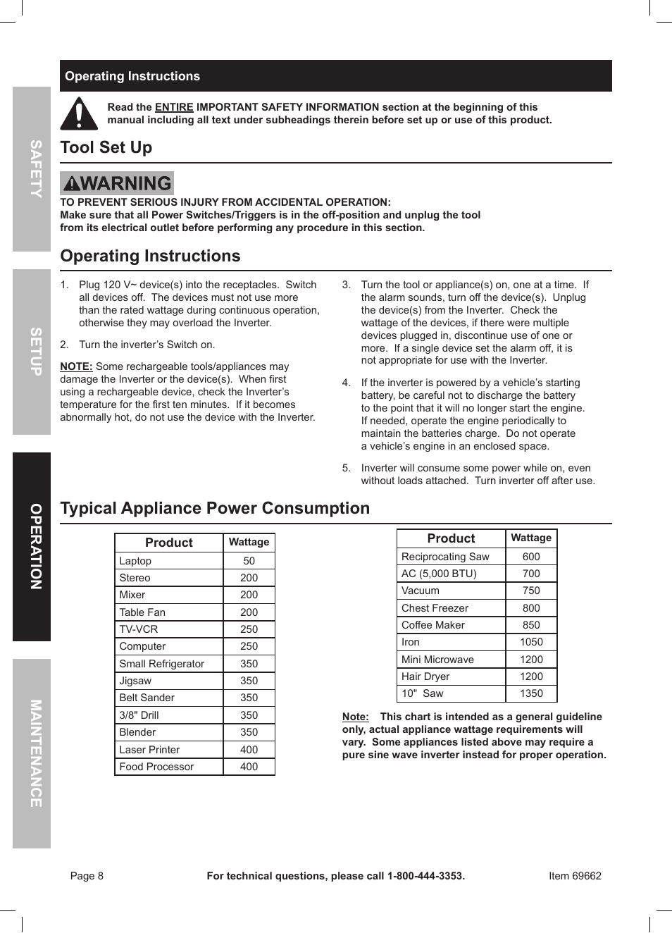 Tool set up, Operating instructions, Typical appliance power consumption | Harbor Freight Tools Centech 2000watt continuous power inverter 69662 User Manual | Page 8 / 12