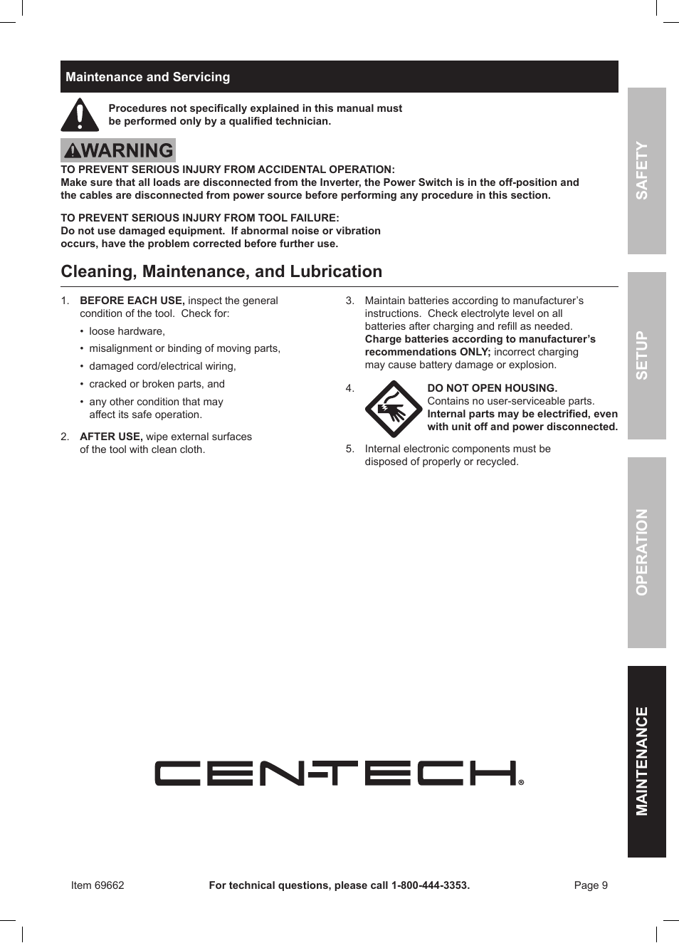 Cleaning, maintenance, and lubrication | Harbor Freight Tools Centech 2000watt continuous power inverter 69662 User Manual | Page 9 / 12