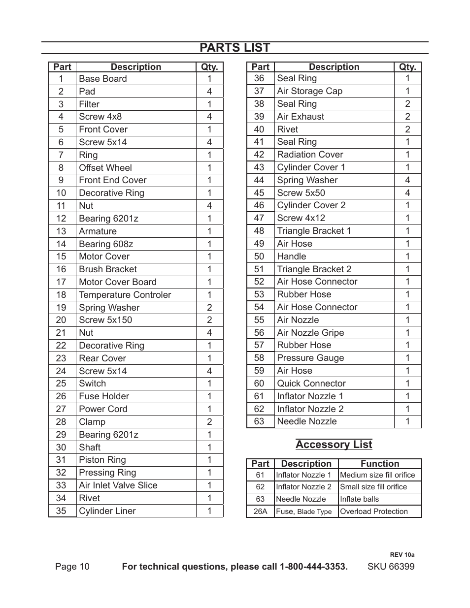 Parts list | Harbor Freight Tools 66399 User Manual | Page 10 / 12