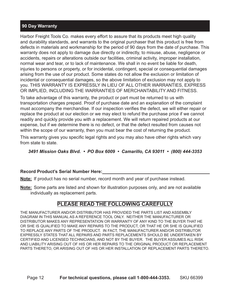 Harbor Freight Tools 66399 User Manual | Page 12 / 12