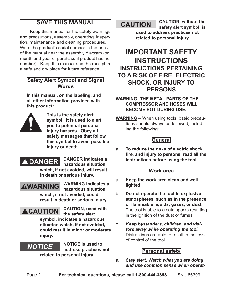 Important safety instructions, Save this manual | Harbor Freight Tools 66399 User Manual | Page 2 / 12